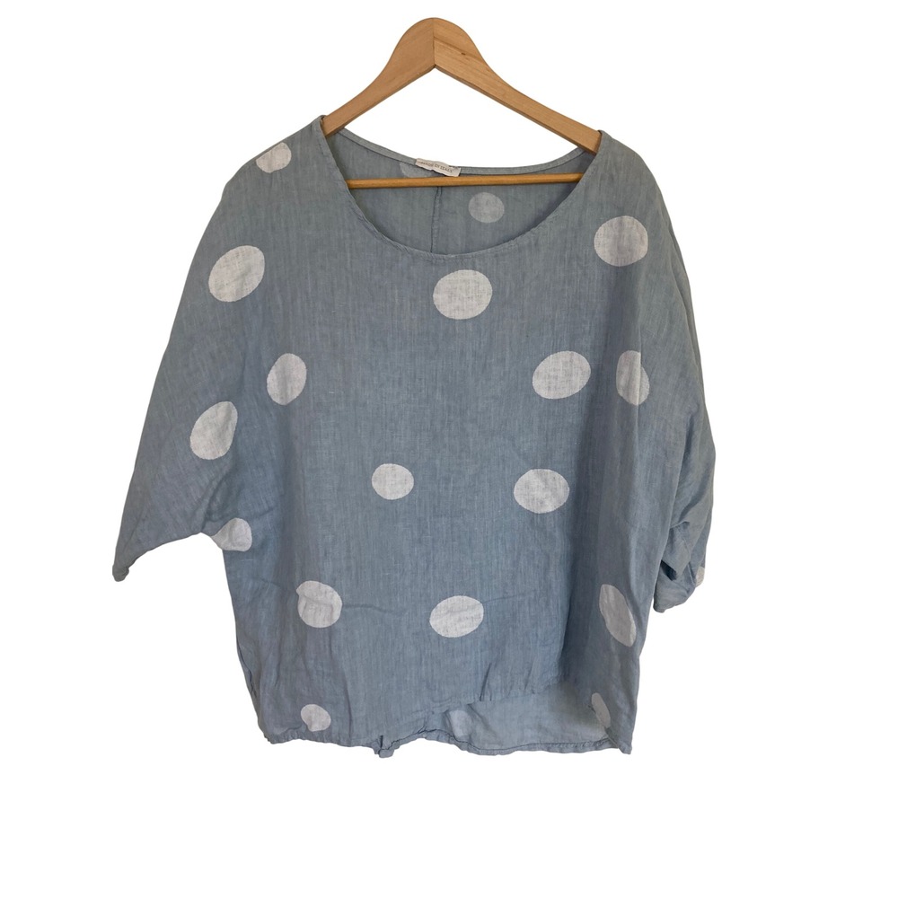 Made in Italy Blue Linen Polka Dot Oversized Blouse Scoop Neck 3/4 Sleeve Top